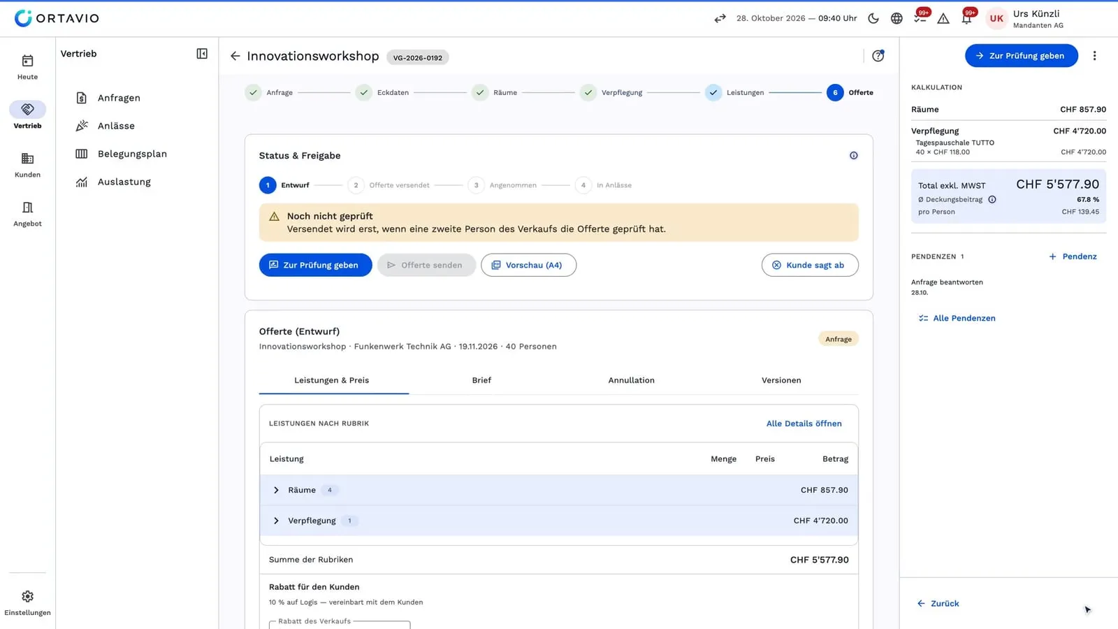 Offerte im Entwurf mit dem Hinweis «Noch nicht geprüft», rechts die Kalkulation mit CHF 5'577.90 und 67.8 Prozent Deckungsbeitrag