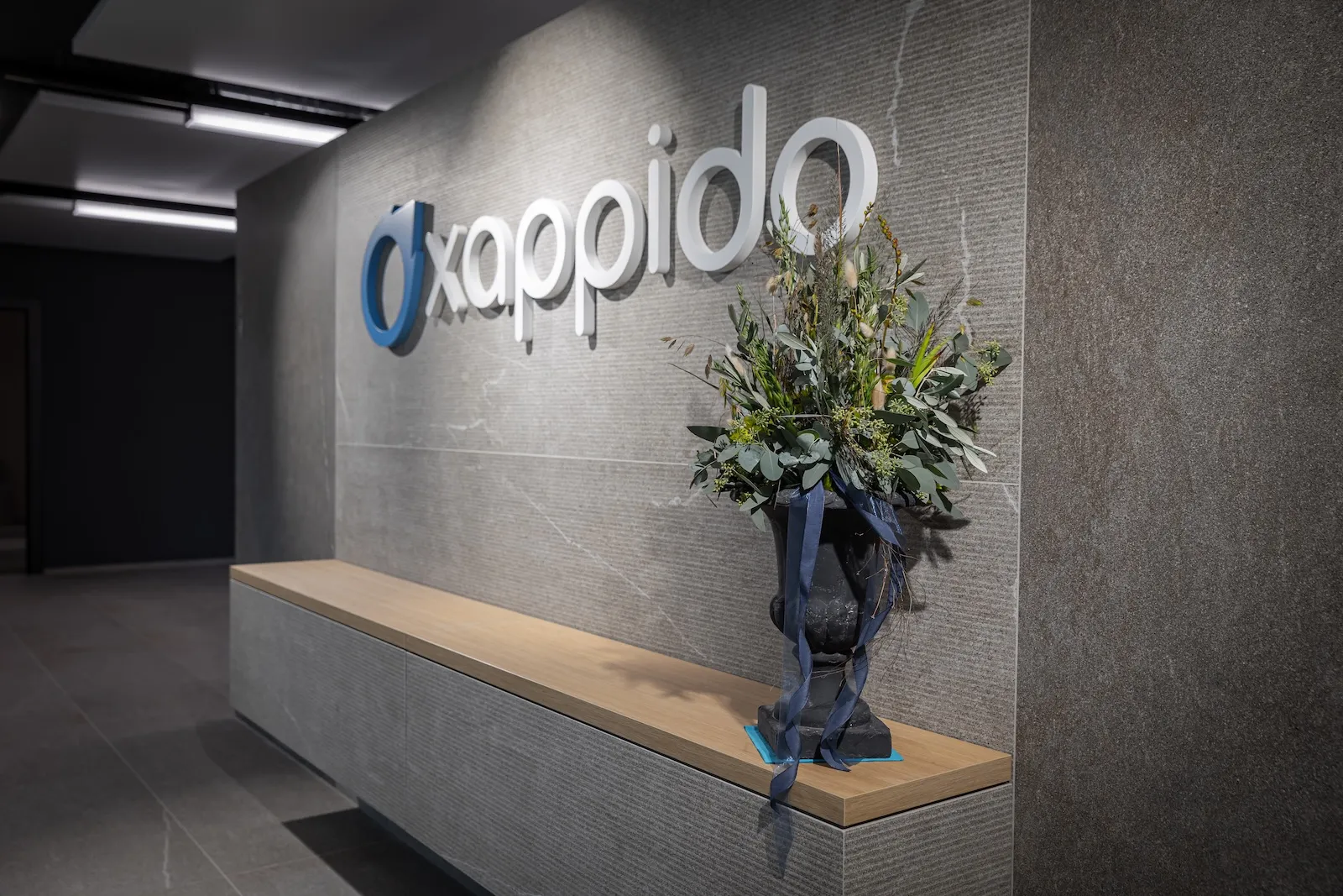 Empfang im Büro der xappido ag in Sursee mit dem xappido-Logo an der Wand