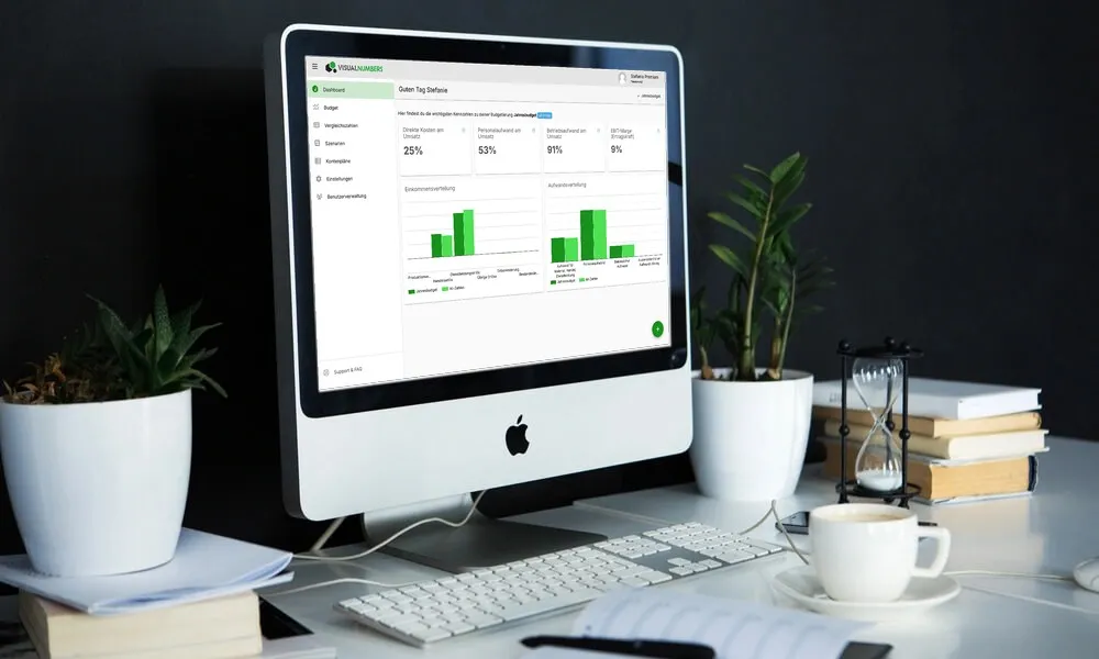 VisualNumbers auf einem Bildschirm am Arbeitsplatz: das Dashboard mit den Kennzahlen und den Verteilungsdiagrammen