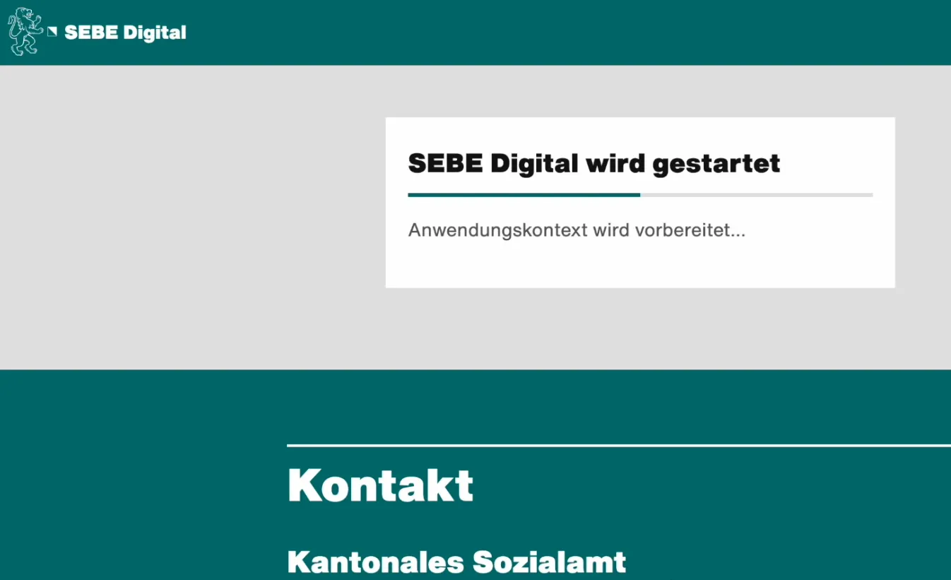 Startbildschirm von SEBE Digital mit dem Kontakt zum Kantonalen Sozialamt