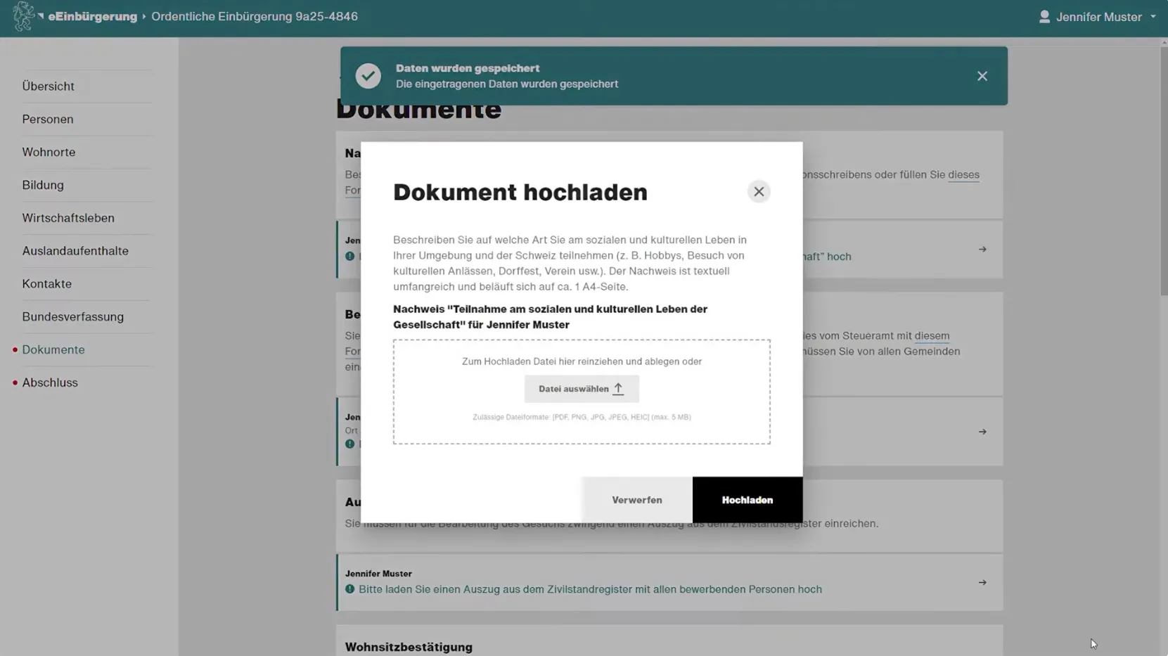 Bildschirmansicht der eEinbürgerung: Dialog zum Hochladen eines Dokuments als Nachweis der Teilnahme am sozialen Leben