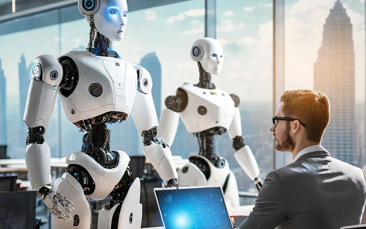 KI-generiertes Bild: humanoide Roboter neben einem Mann am Laptop